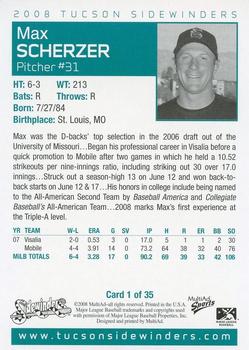 2008 MultiAd Tucson Sidewinders #1 Max Scherzer Back
