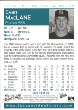 2008 MultiAd Tucson Sidewinders #13 Evan MacLane Back