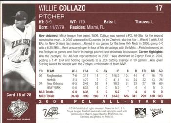 2008 MultiAd Pacific Coast League All-Stars #16 Willie Collazo Back