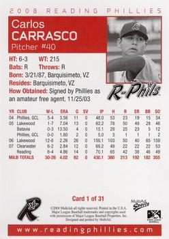2008 MultiAd Reading Phillies #1 Carlos Carrasco Back