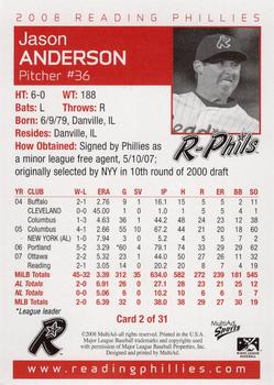 2008 MultiAd Reading Phillies #2 Jason Anderson Back