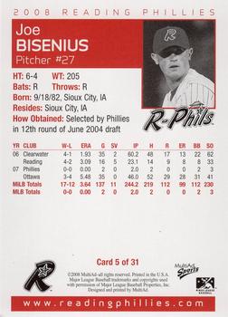 2008 MultiAd Reading Phillies #5 Joe Bisenius Back