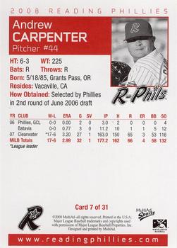 2008 MultiAd Reading Phillies #7 Andrew Carpenter Back