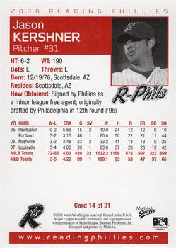 2008 MultiAd Reading Phillies #14 Jason Kershner Back