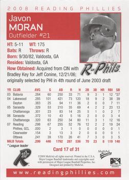 2008 MultiAd Reading Phillies #17 Javon Moran Back