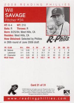 2008 MultiAd Reading Phillies #21 Will Savage Back