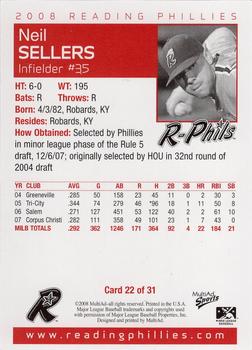 2008 MultiAd Reading Phillies #22 Neil Sellers Back