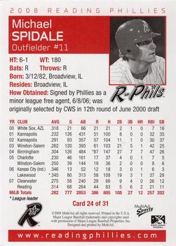 2008 MultiAd Reading Phillies #24 Michael Spidale Back