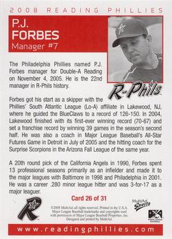 2008 MultiAd Reading Phillies #26 P.J. Forbes Back