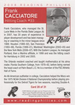 2008 MultiAd Reading Phillies #28 Frank Cacciatore Back