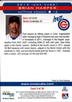 2013 Brandt Iowa Cubs #3 Brian Harper Back