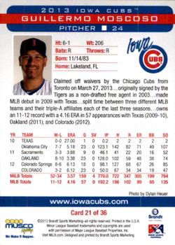 2013 Brandt Iowa Cubs #21 Guillermo Moscoso Back
