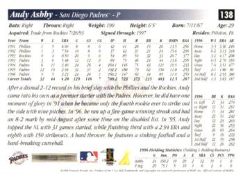 1997 Score - Artist's Proof White Border #138 Andy Ashby Back