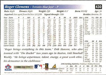 1997 Score - Hobby Reserve by Score #430 Roger Clemens Back