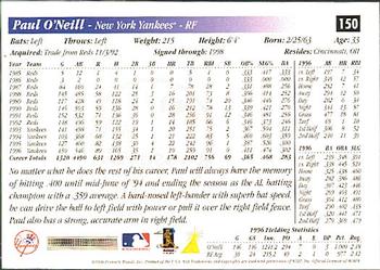 1997 Score Premium Stock #150 Paul O'Neill Back