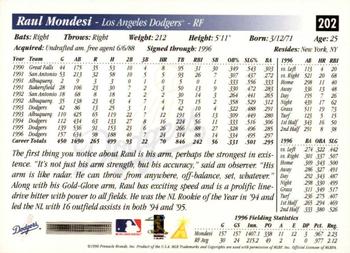 1997 Score Premium Stock #202 Raul Mondesi Back