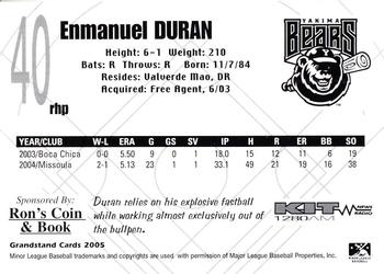 2005 Grandstand Yakima Bears #NNO Enmanuel Duran Back