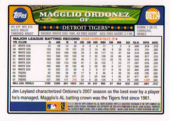 2008 Topps Detroit Tigers #DET14 Magglio Ordonez Back