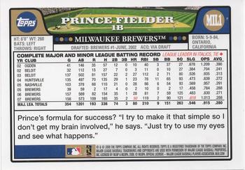 2008 Topps Milwaukee Brewers #MIL1 Prince Fielder Back