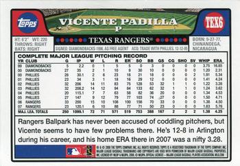 2008 Topps Texas Rangers #TEX6 Vicente Padilla Back