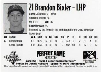 2014 Perfect Game Cedar Rapids Kernels #2 Brandon Bixler Back