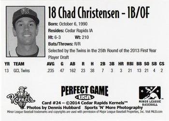 2014 Perfect Game Cedar Rapids Kernels #24 Chad Christensen Back