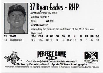 2014 Perfect Game Cedar Rapids Kernels #4 Ryan Eades Back