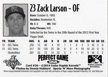 2014 Perfect Game Cedar Rapids Kernels #26 Zack Larson Back