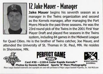 2014 Perfect Game Cedar Rapids Kernels #30 Jake Mauer Back