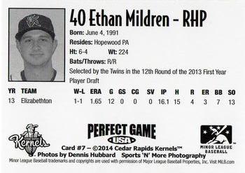 2014 Perfect Game Cedar Rapids Kernels #7 Ethan Mildren Back