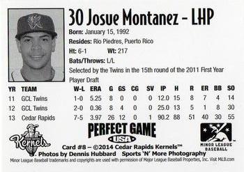 2014 Perfect Game Cedar Rapids Kernels #8 Josue Montanez Back
