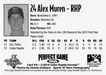 2014 Perfect Game Cedar Rapids Kernels #9 Alex Muren Back