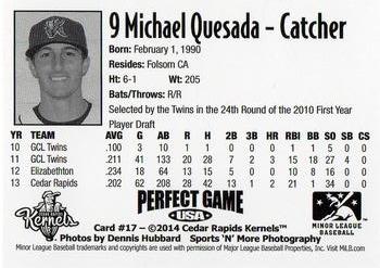 2014 Perfect Game Cedar Rapids Kernels #17 Michael Quesada Back