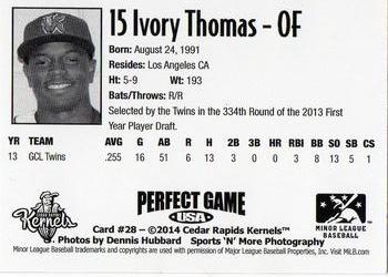 2014 Perfect Game Cedar Rapids Kernels #28 Ivory Thomas Back