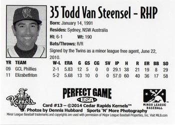2014 Perfect Game Cedar Rapids Kernels #13 Todd Van Steensel Back