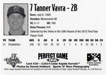 2014 Perfect Game Cedar Rapids Kernels #20 Tanner Vavra Back