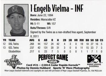 2014 Perfect Game Cedar Rapids Kernels #21 Engelb Vielma Back