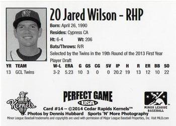 2014 Perfect Game Cedar Rapids Kernels #14 Jared Wilson Back