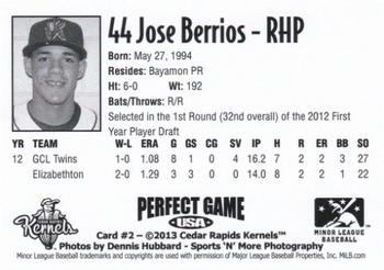 2013 Perfect Game Cedar Rapids Kernels #2 Jose Berrios Back