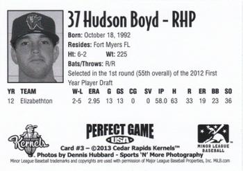 2013 Perfect Game Cedar Rapids Kernels #3 Hudson Boyd Back