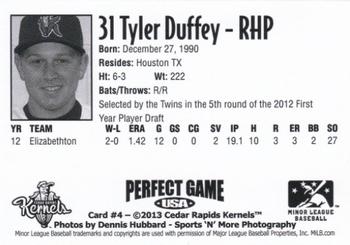 2013 Perfect Game Cedar Rapids Kernels #4 Tyler Duffey Back