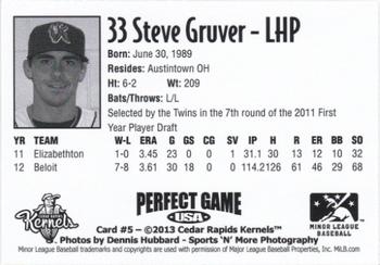 2013 Perfect Game Cedar Rapids Kernels #5 Steve Gruver Back