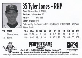 2013 Perfect Game Cedar Rapids Kernels #7 Tyler Jones Back