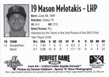 2013 Perfect Game Cedar Rapids Kernels #9 Mason Melotakis Back