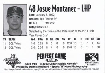 2013 Perfect Game Cedar Rapids Kernels #10 Josue Montanez Back