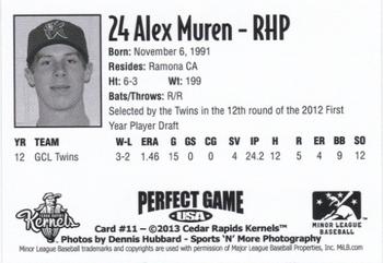2013 Perfect Game Cedar Rapids Kernels #11 Alex Muren Back