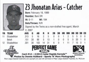 2013 Perfect Game Cedar Rapids Kernels #14 Jhonatan Arias Back