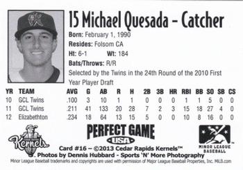 2013 Perfect Game Cedar Rapids Kernels #16 Michael Quesada Back