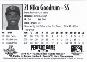 2013 Perfect Game Cedar Rapids Kernels #17 Niko Goodrum Back