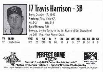 2013 Perfect Game Cedar Rapids Kernels #18 Travis Harrison Back